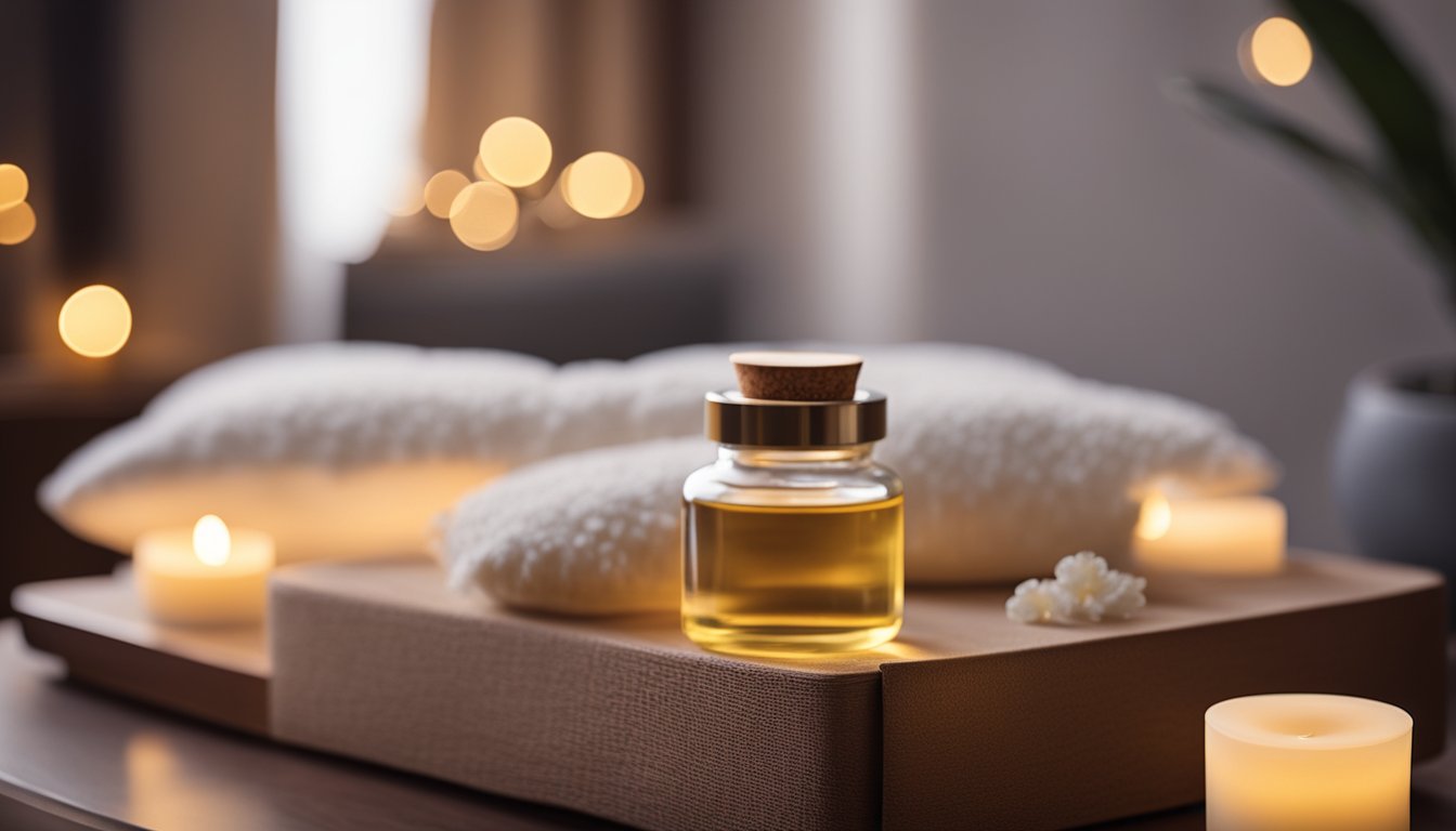 A serene room with soft lighting and calming music. A comfortable massage table with supportive pillows and soothing essential oil scents in the air