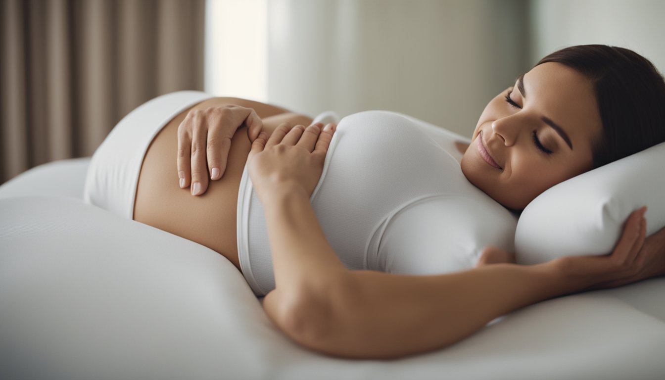 A serene pregnant woman lies on her side, surrounded by soft pillows. A skilled massage therapist gently kneads her back, shoulders, and hips, providing relief and relaxation throughout each trimester