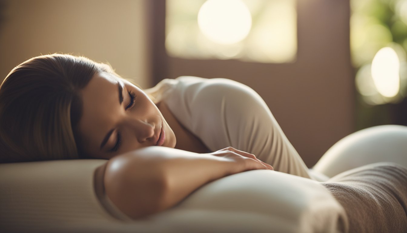 A serene pregnant woman reclines on a cushioned massage table, surrounded by soft lighting and soothing music, as a skilled therapist gently kneads her back