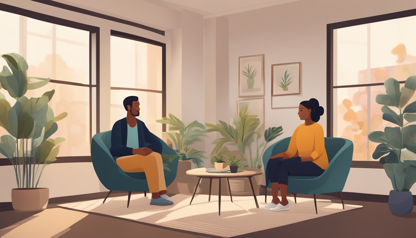 A couple sits facing each other in a cozy therapy office, with a warm, inviting atmosphere. A therapist listens attentively as they engage in open, honest conversation