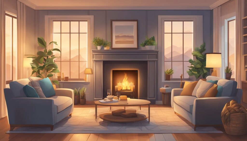 A cozy living room with two comfortable chairs facing each other, a warm fireplace, and soft lighting creating a peaceful and intimate atmosphere