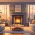 A cozy living room with two comfortable chairs facing each other, a warm fireplace, and soft lighting creating a peaceful and intimate atmosphere