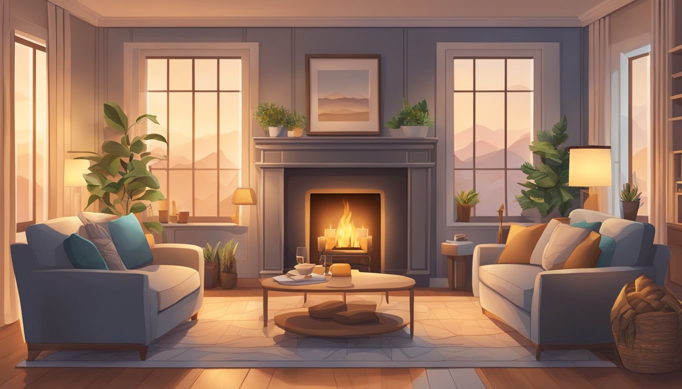 A cozy living room with two comfortable chairs facing each other, a warm fireplace, and soft lighting creating a peaceful and intimate atmosphere