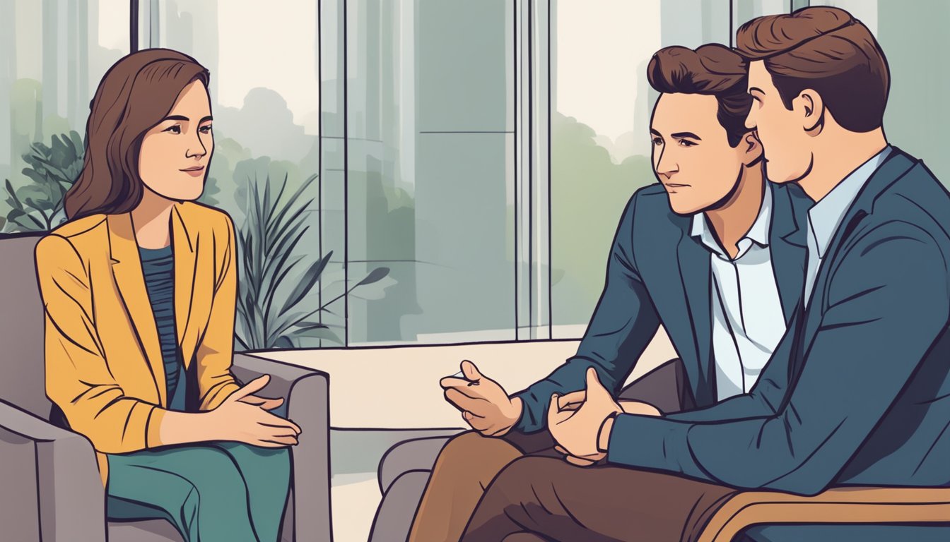 A couple sits opposite a therapist, facing each other. The therapist listens attentively as the couple engages in conversation, gesturing and making eye contact