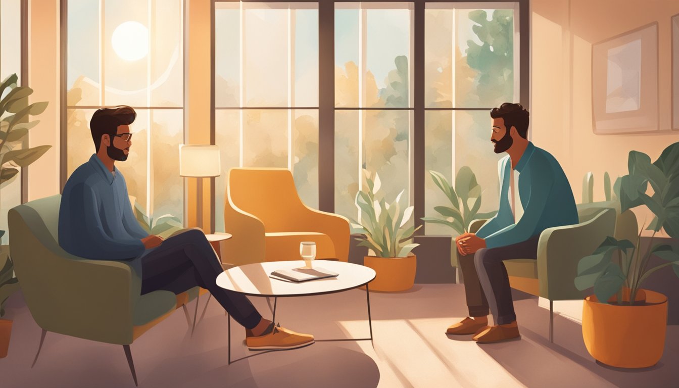 A couple sits facing each other in a cozy therapy office, engaged in deep conversation while a therapist listens attentively. Sunlight streams in through a large window, creating a warm and inviting atmosphere