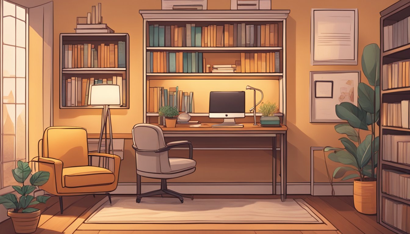A cozy office with two chairs facing each other, a warm color palette, and soft lighting. A bookshelf filled with relationship resources in the background