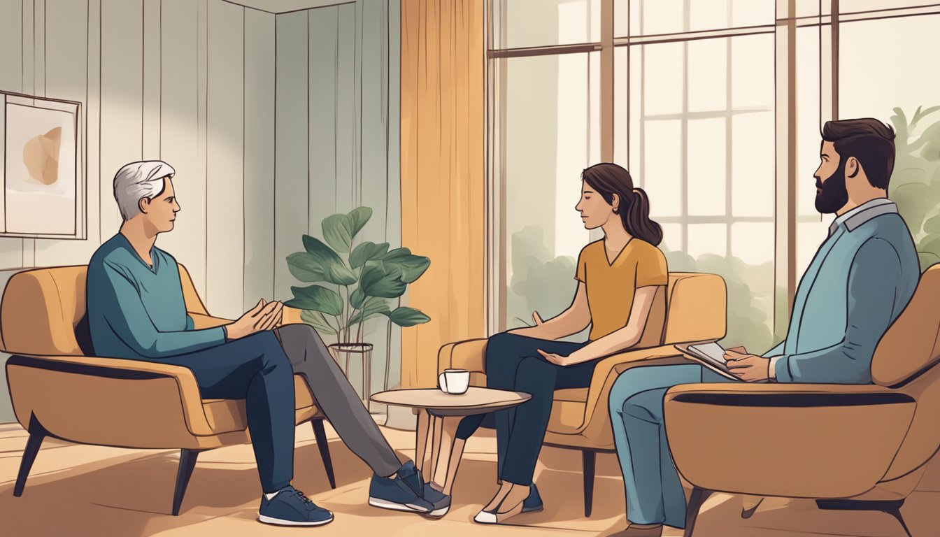 A couple sitting across from a therapist, engaging in conversation while the therapist listens and offers guidance. A calm and supportive atmosphere is depicted