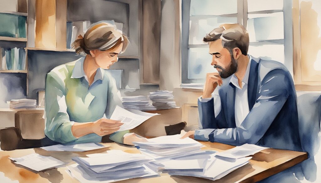 A couple arguing over financial documents, while a stack of unpaid bills sits on the table. A tense atmosphere fills the room