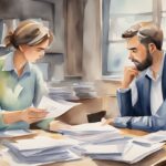 A couple arguing over financial documents, while a stack of unpaid bills sits on the table. A tense atmosphere fills the room