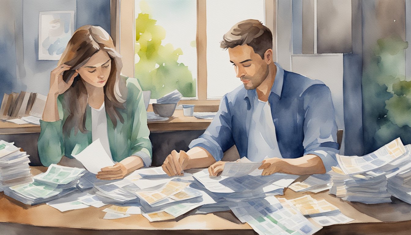 A couple sits at a table, surrounded by scattered bills and financial documents. They appear frustrated and distant from each other