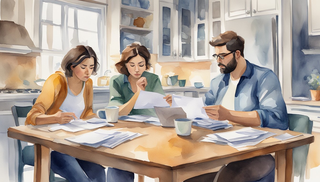 A couple sitting at a kitchen table, surrounded by unpaid bills and a stack of credit card statements. They look stressed and frustrated as they try to sort through their financial mess