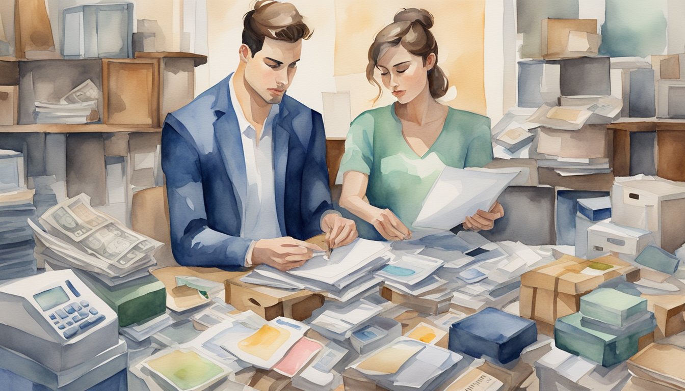 A couple surrounded by expensive items, with a pile of unpaid bills