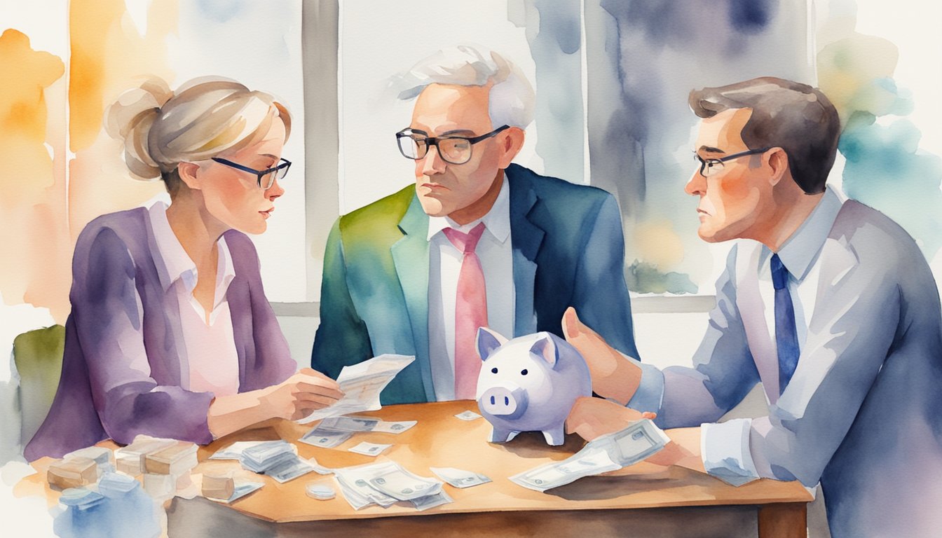 A couple arguing over finances, surrounded by unpaid bills and empty piggy banks