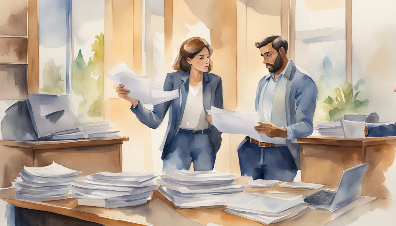 A couple arguing over unpaid bills, one pointing angrily at a stack of overdue statements while the other looks on with a mix of frustration and resignation