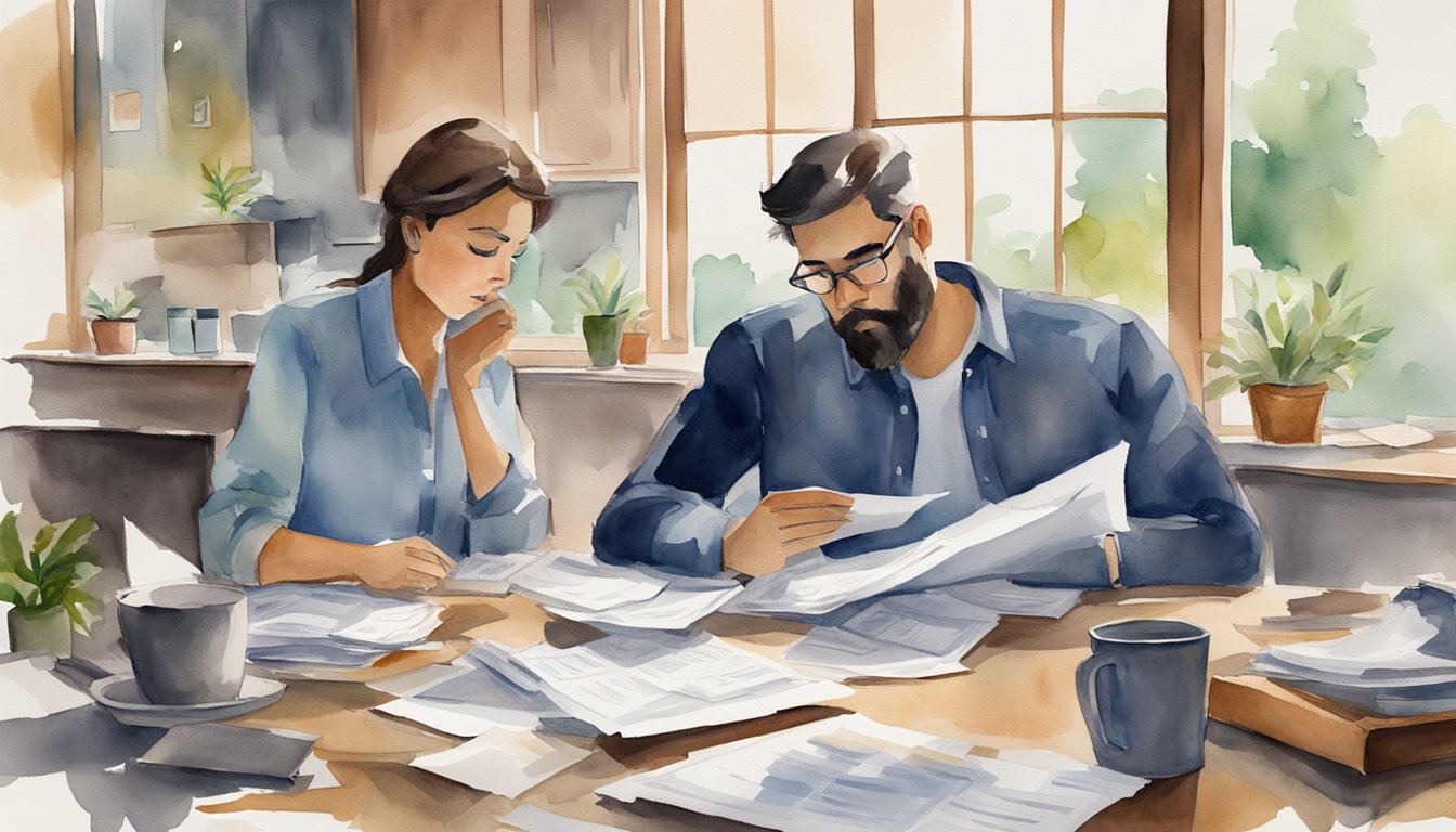A couple sits at a table, surrounded by bills and financial documents. They appear stressed and frustrated as they try to work together on their joint budget