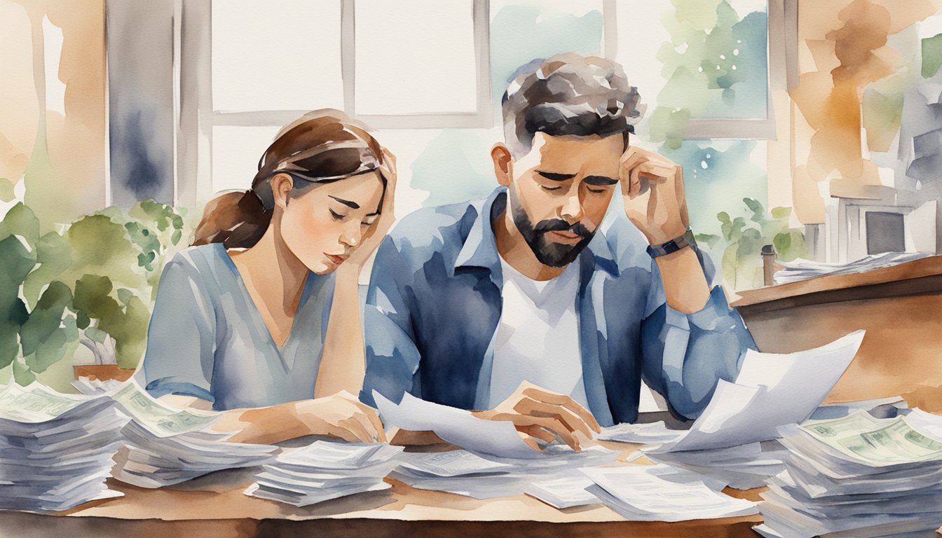 A couple sitting at a table, surrounded by scattered bills and financial documents. They appear stressed and frustrated as they discuss their financial situation