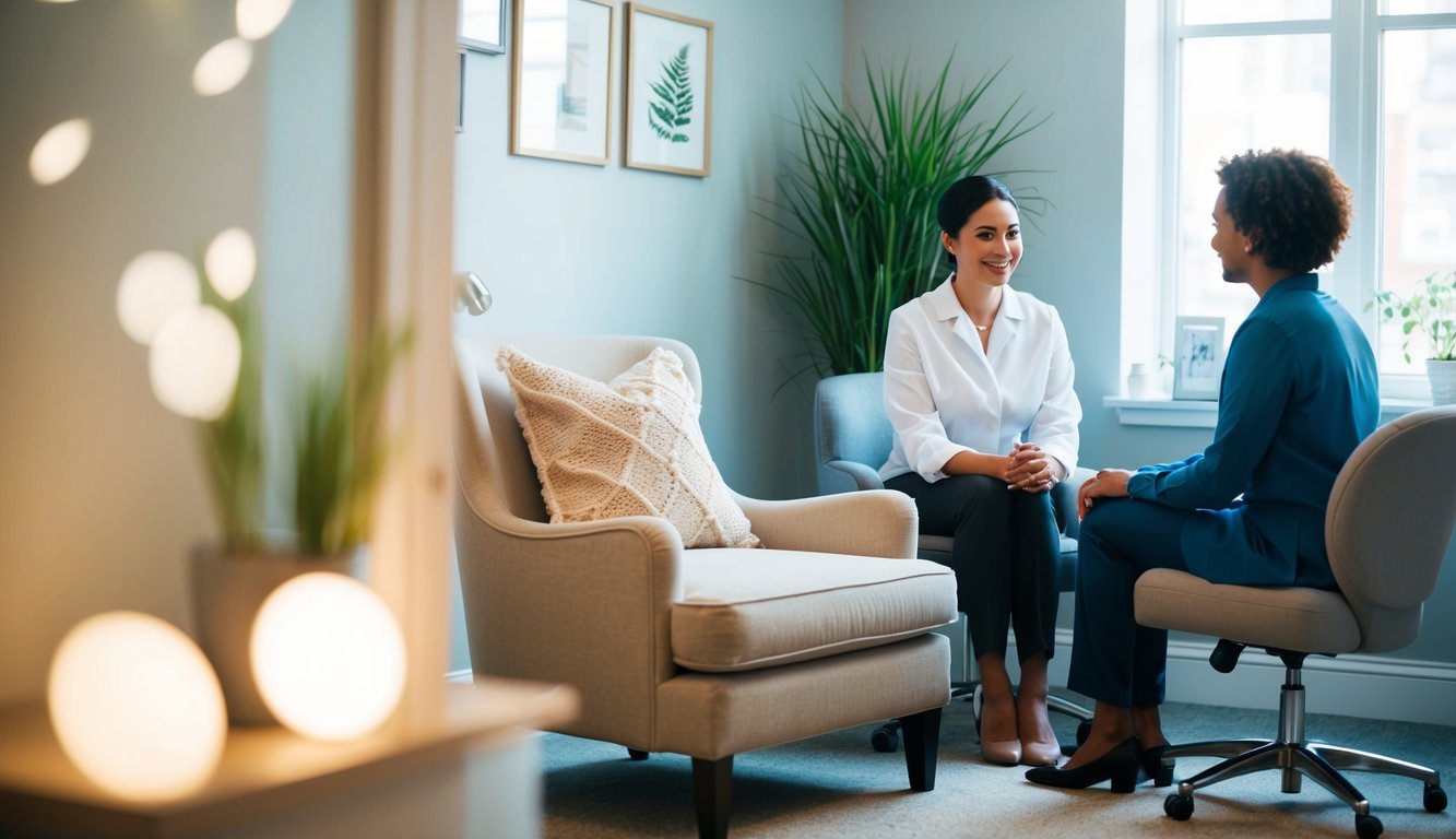 A cozy office with a comfortable chair, soft lighting, and a calming atmosphere, where a therapist and client engage in conversation