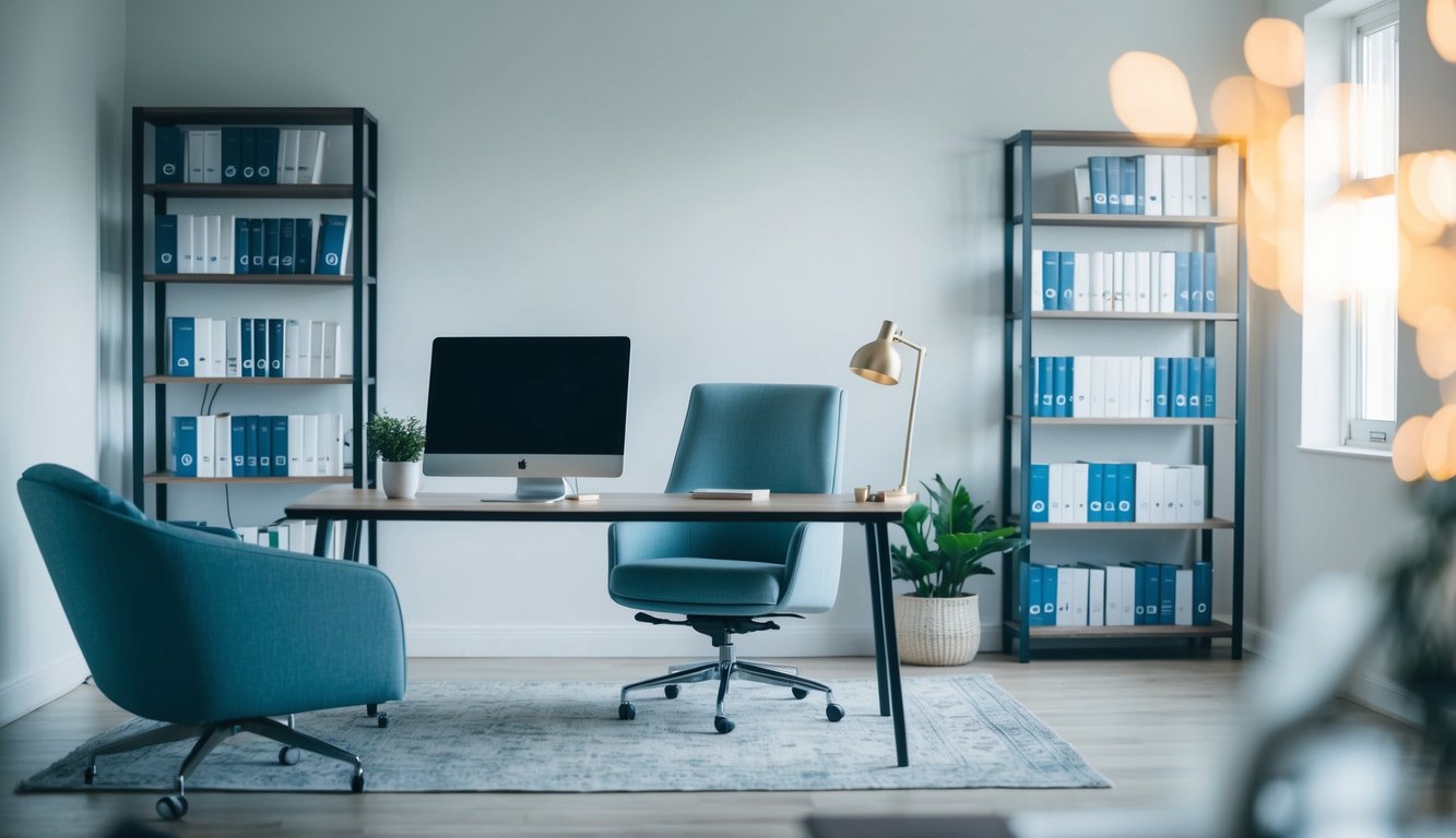 A serene office setting with a comfortable seating area, a desk with a computer, and shelves of books on CBT and psychology