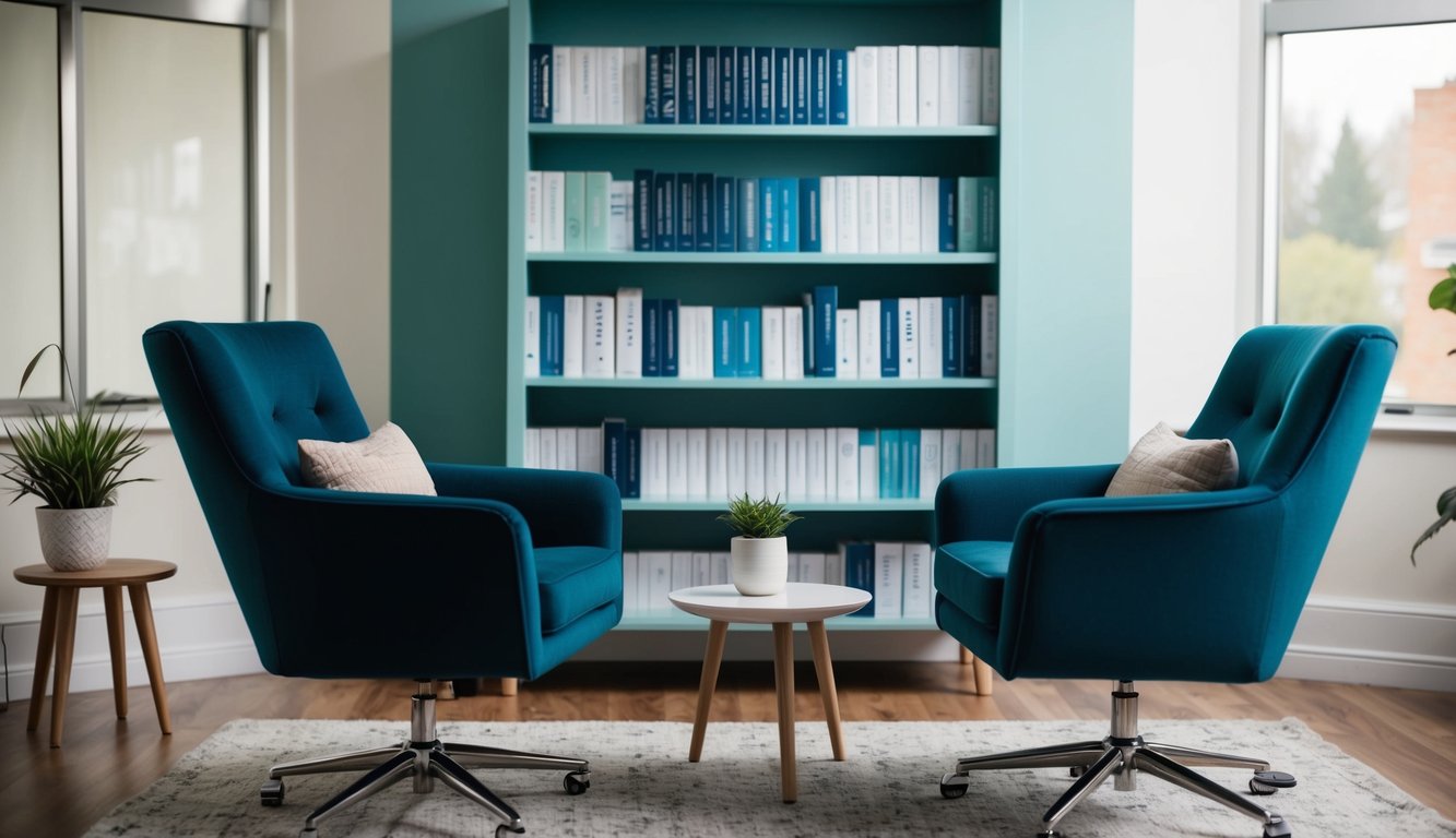 A cozy office with two chairs facing each other, a bookshelf filled with CBT resources, and a calming color scheme