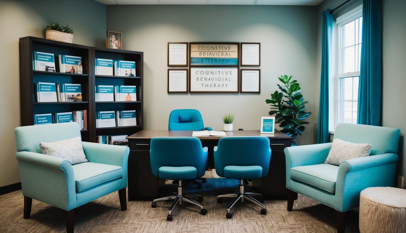 A cozy office with a therapist's desk, two comfortable chairs, and a bookshelf filled with resources on cognitive behavioral therapy. A calming color scheme and soft lighting create a welcoming atmosphere