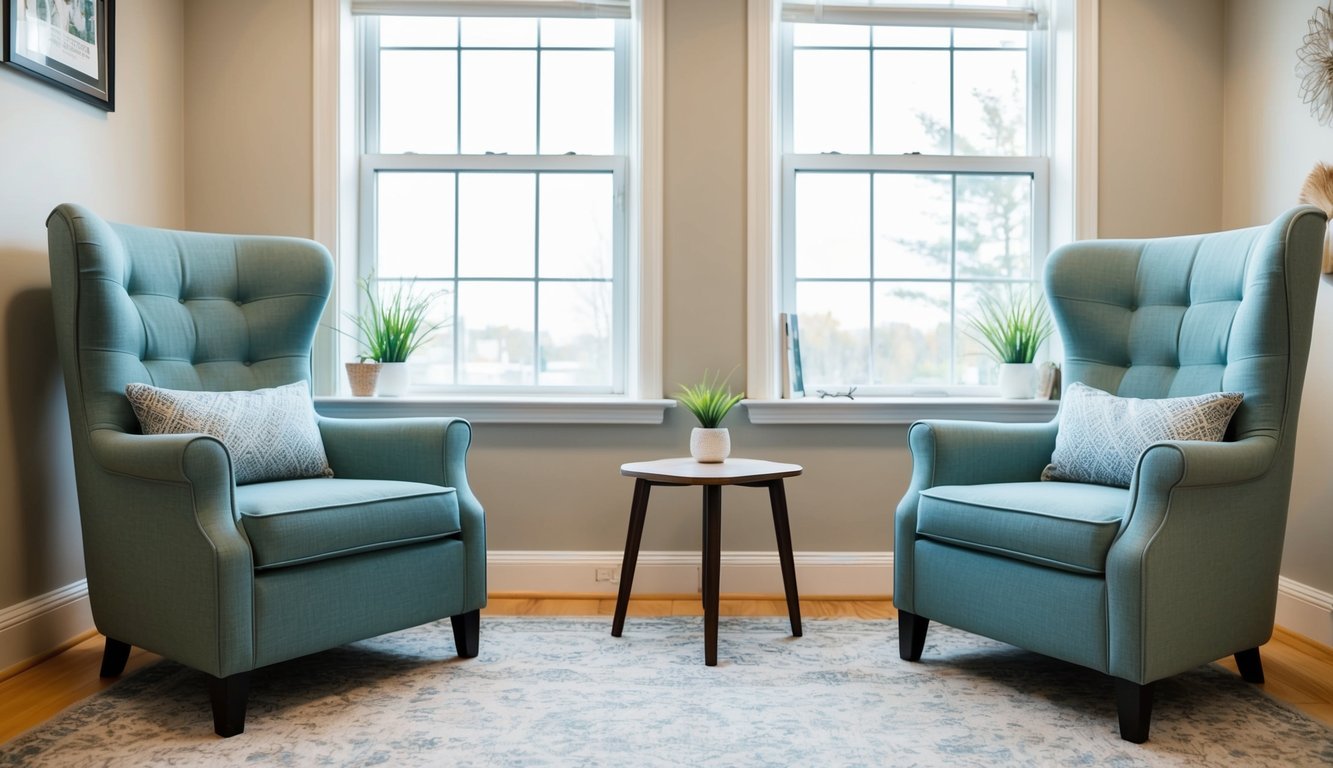A cozy office with two comfortable chairs facing each other, a small table in between. Soft lighting and calming decor create a welcoming atmosphere for therapy sessions