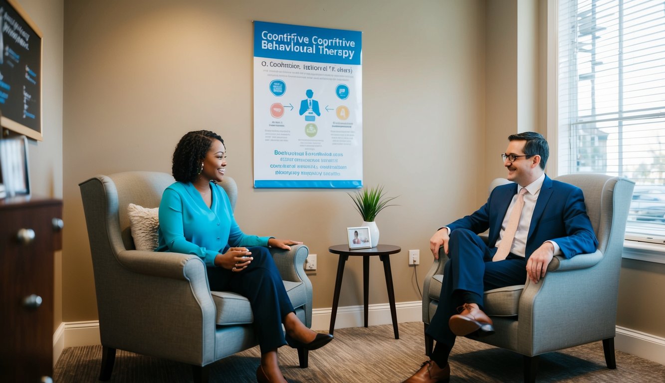 A cozy office with two people sitting in comfortable chairs, engaged in a conversation. A poster on the wall explains Cognitive Behavioural Therapy