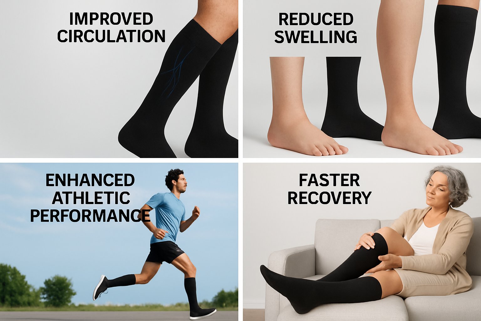 Four scenes showing the benefits of compression socks: improved circulation on legs, reduced ankle swelling, an athlete running with compression socks, and a person relaxing while wearing compression socks.