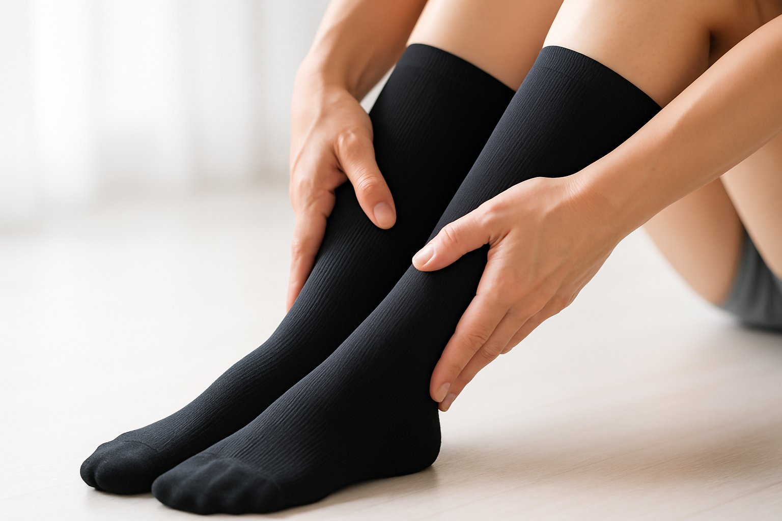 Close-up of a person gently squeezing their legs while wearing compression socks.