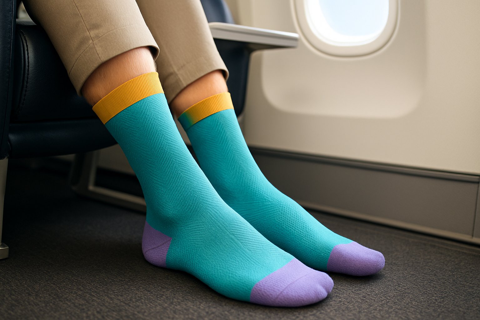 Close-up of a person's legs wearing compression socks while sitting in an airplane seat near a window.