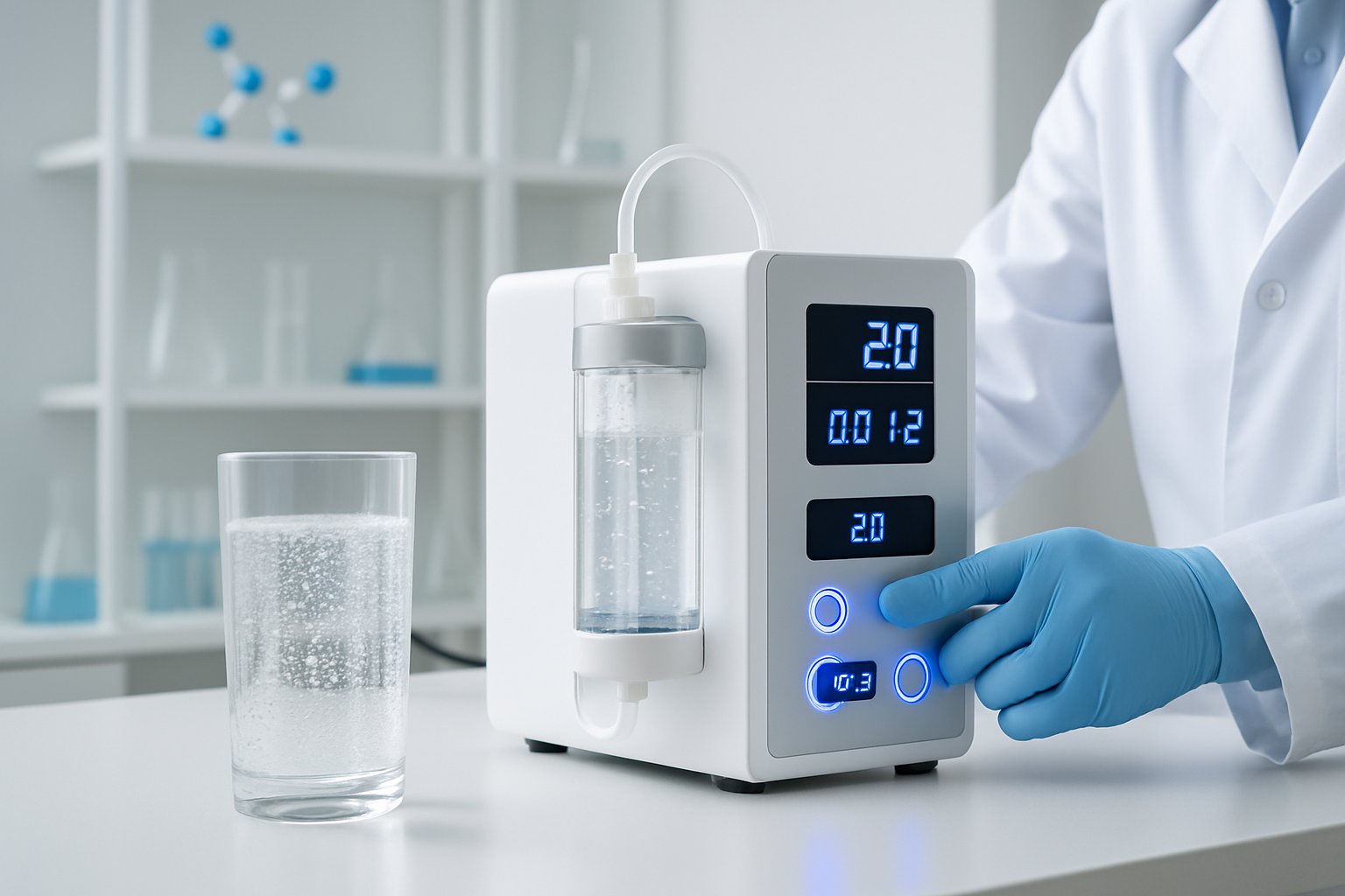 A scientist in a lab coat working with hydrogen therapy equipment and a glass container of hydrogen-rich water in a bright laboratory.