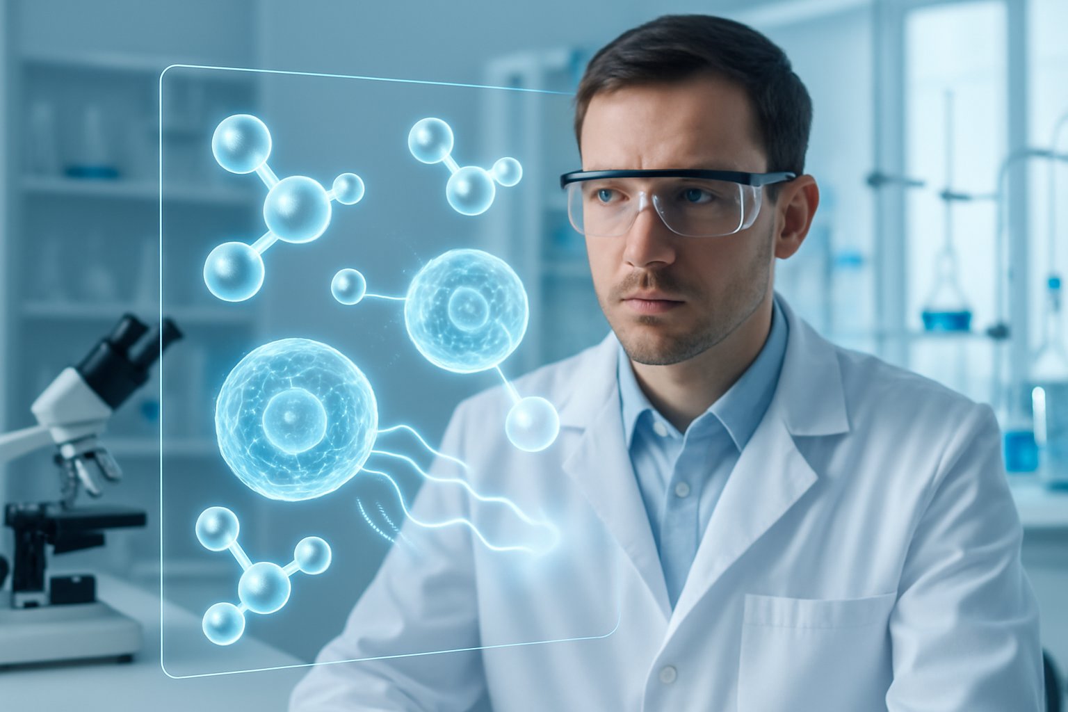A scientist in a lab coat examines glowing hydrogen molecules interacting with human cells on a digital screen in a modern laboratory.