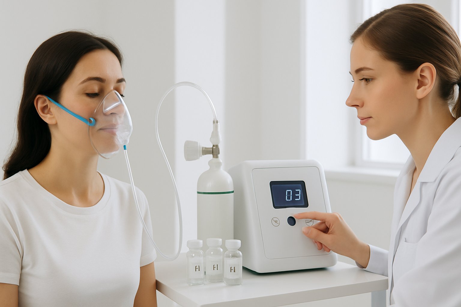 Healthcare professional operating hydrogen therapy equipment with patient using a hydrogen inhalation mask in a clinical setting.