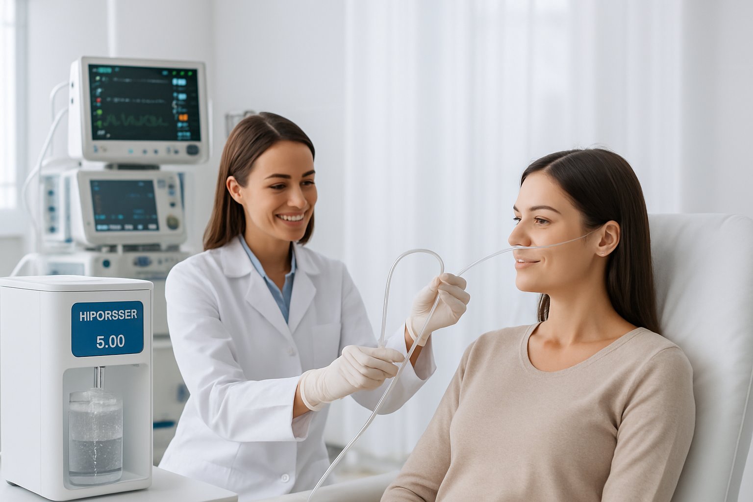 A healthcare professional in a white coat administering hydrogen therapy to a seated patient in a modern clinical setting.