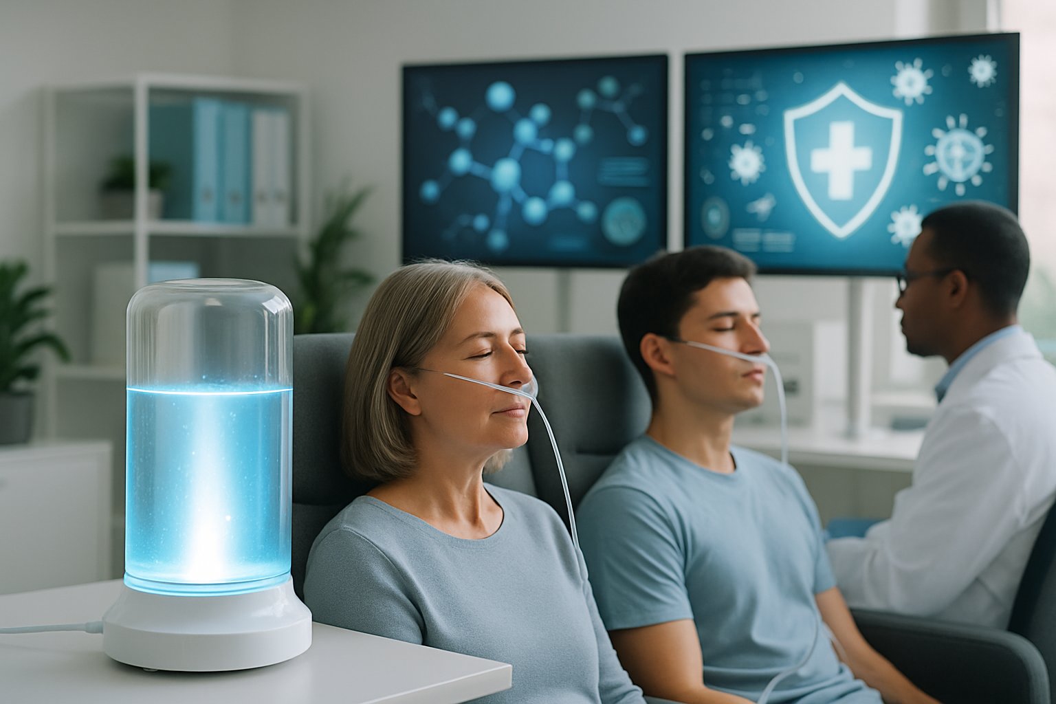 People undergoing hydrogen inhalation therapy in a modern medical lab with a scientist monitoring immune system data on screens.