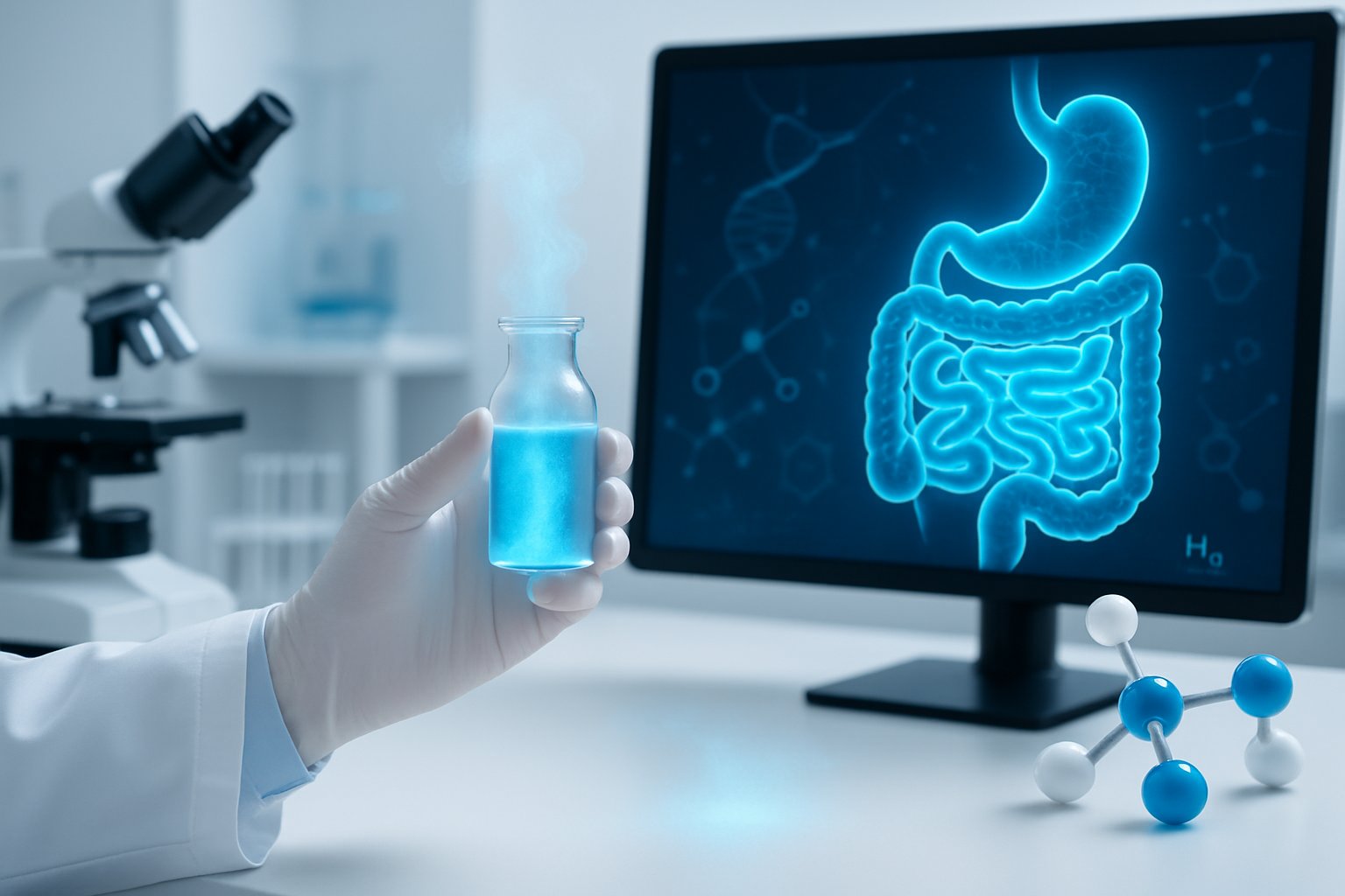 Healthcare professional in a lab coat holding a vial with blue mist, with scientific instruments and a digital screen showing a highlighted human digestive system in the background.
