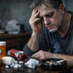 Illustration showing effects of addictions on human body health