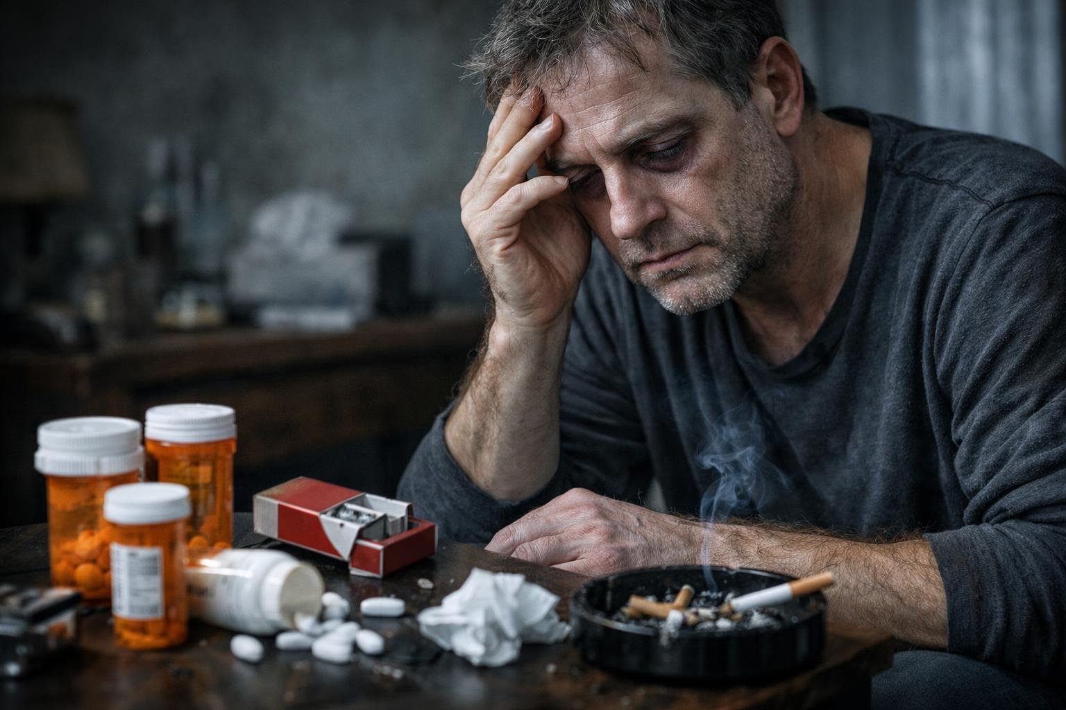 Illustration showing effects of addictions on human body health