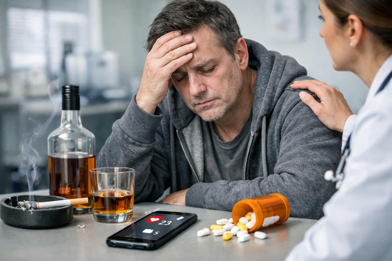 A middle-aged person looking tired and distressed in a medical office, with items like cigarettes, pills, and alcohol nearby, being consulted by a healthcare professional.