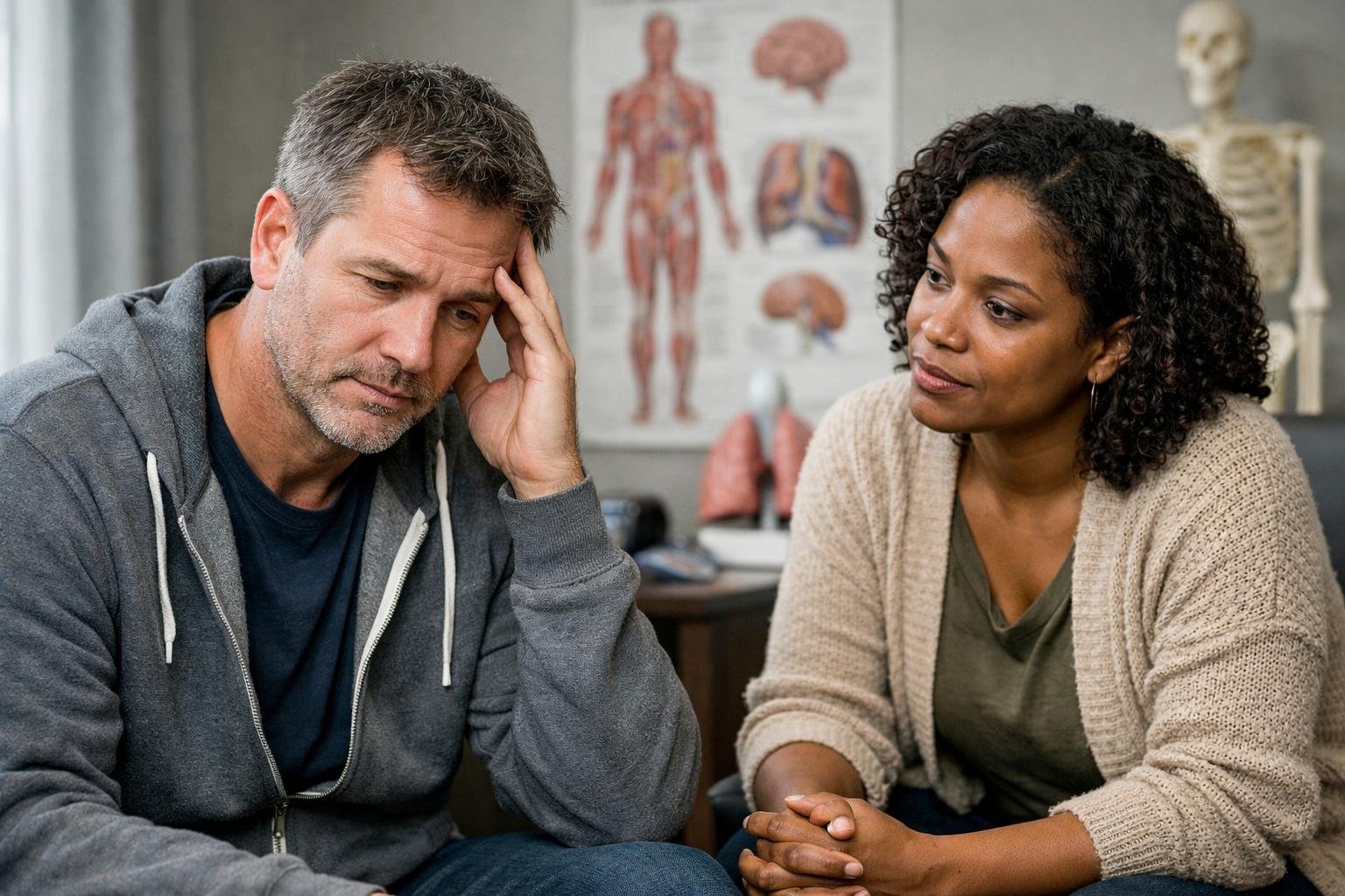 A man and woman in a clinical setting showing concern and support, with medical charts in the background.