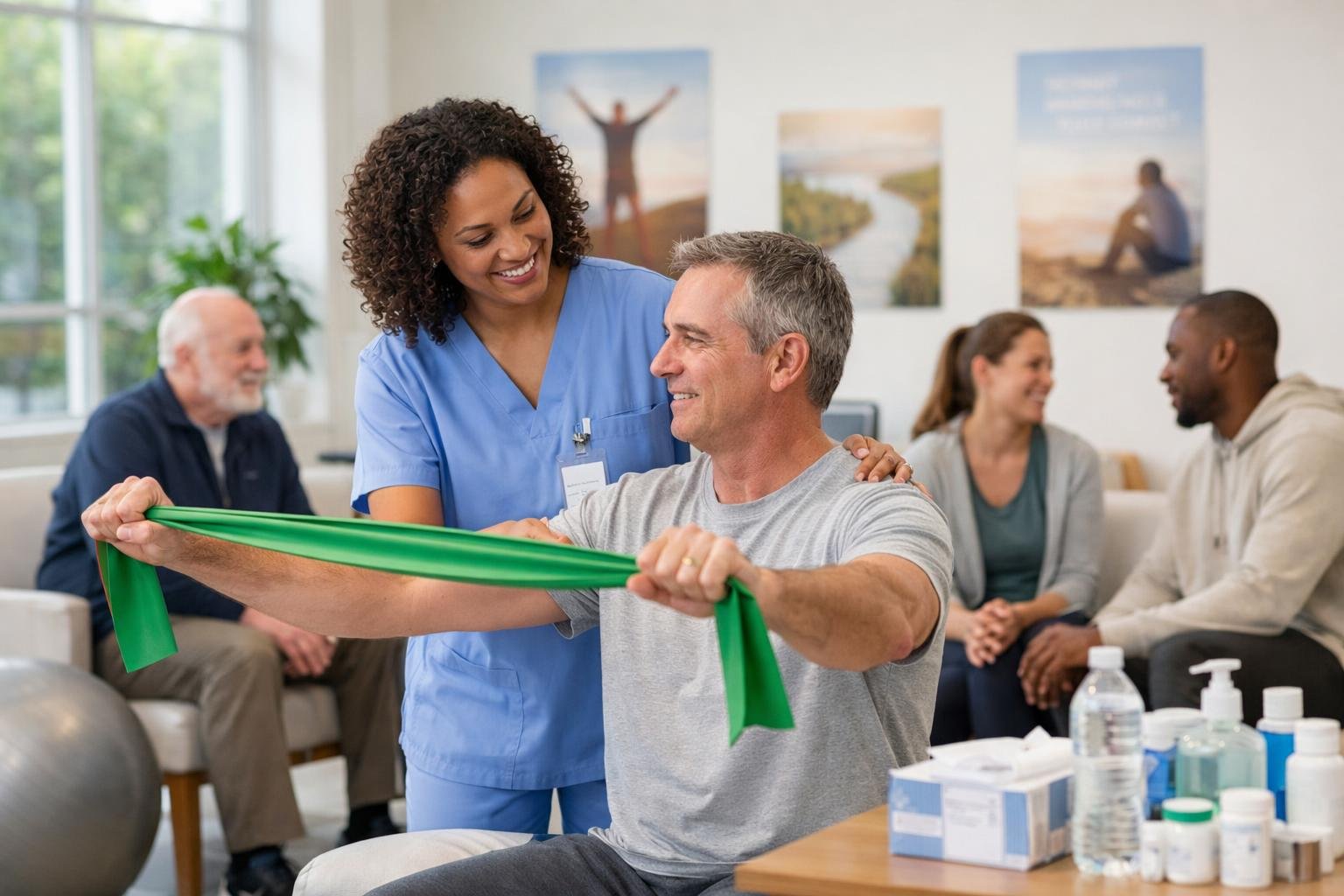 A healthcare professional assisting a patient with physical therapy exercises in a bright medical facility focused on recovery.