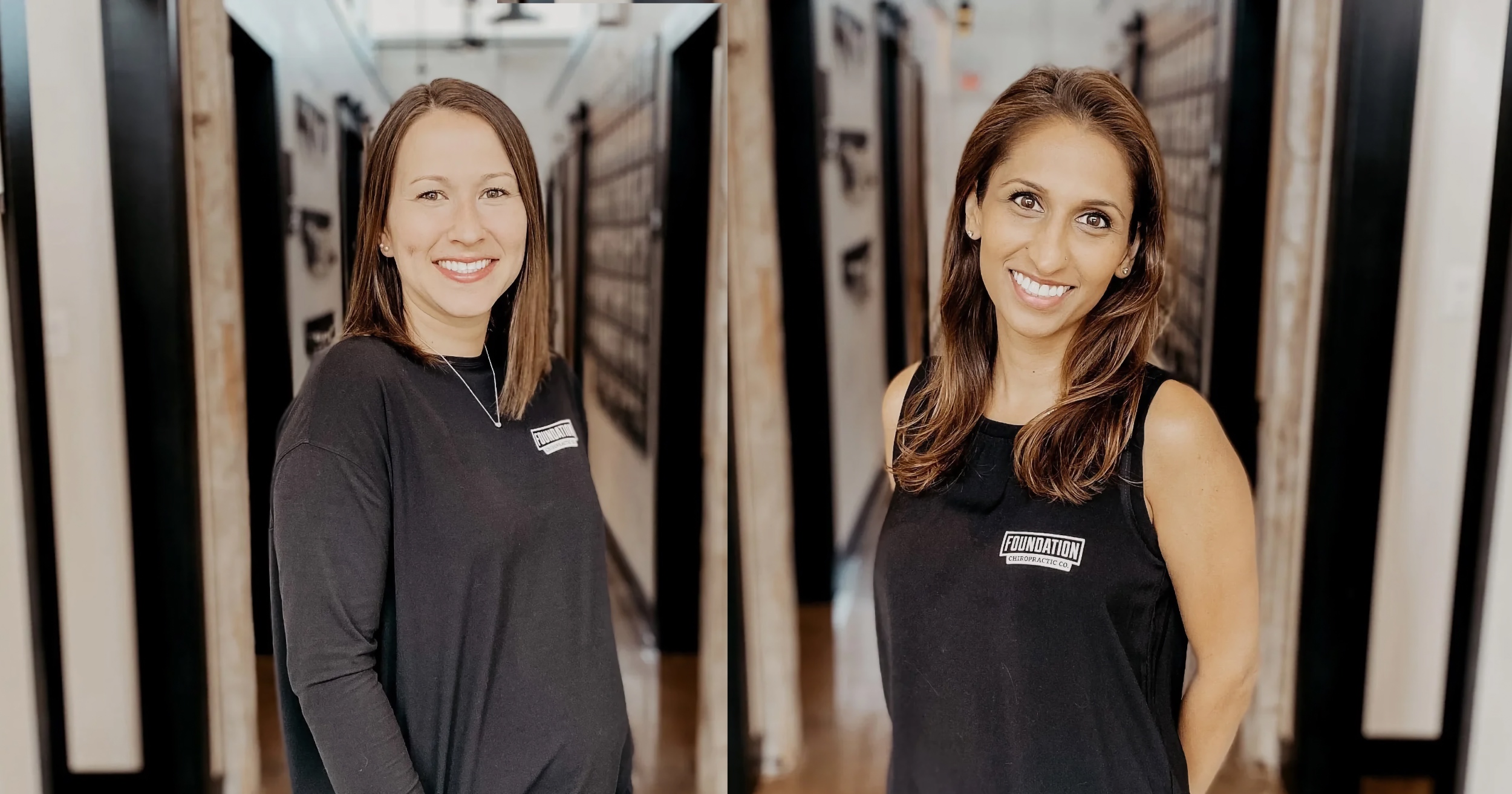 Two female chiropractors consulting with a patient in a clinic setting